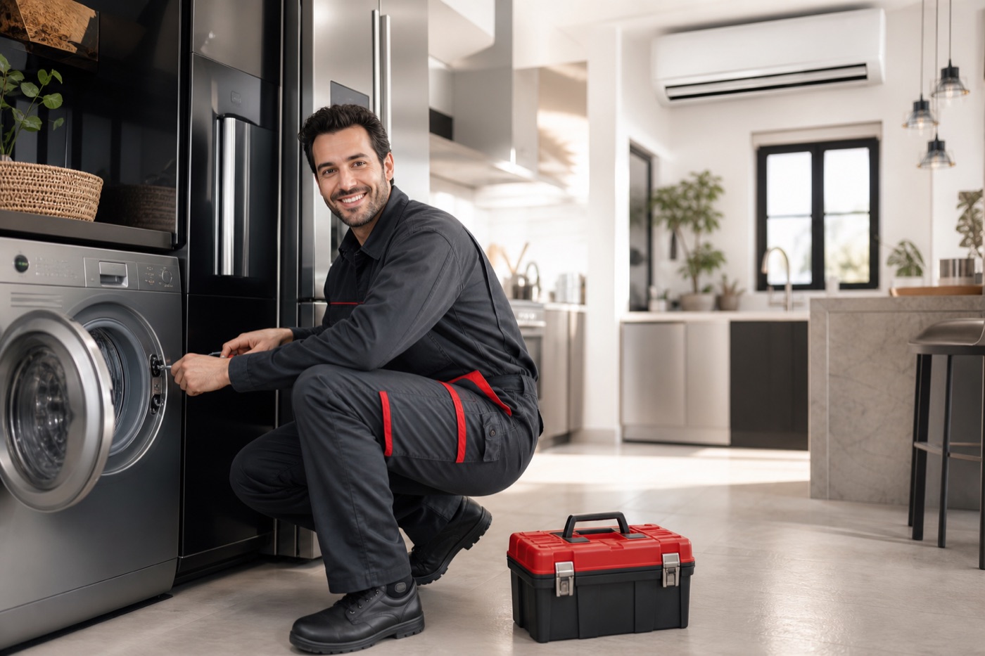 Servis Nova teknisyeni modern bir evde beyaz eşya ve klima servisi yaparken